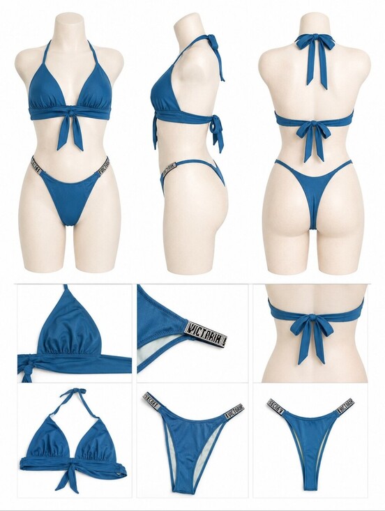 Victoria's Secret Other - Victoria's Secret Light Blue Triangle Bikini Top with Pink Logo Print